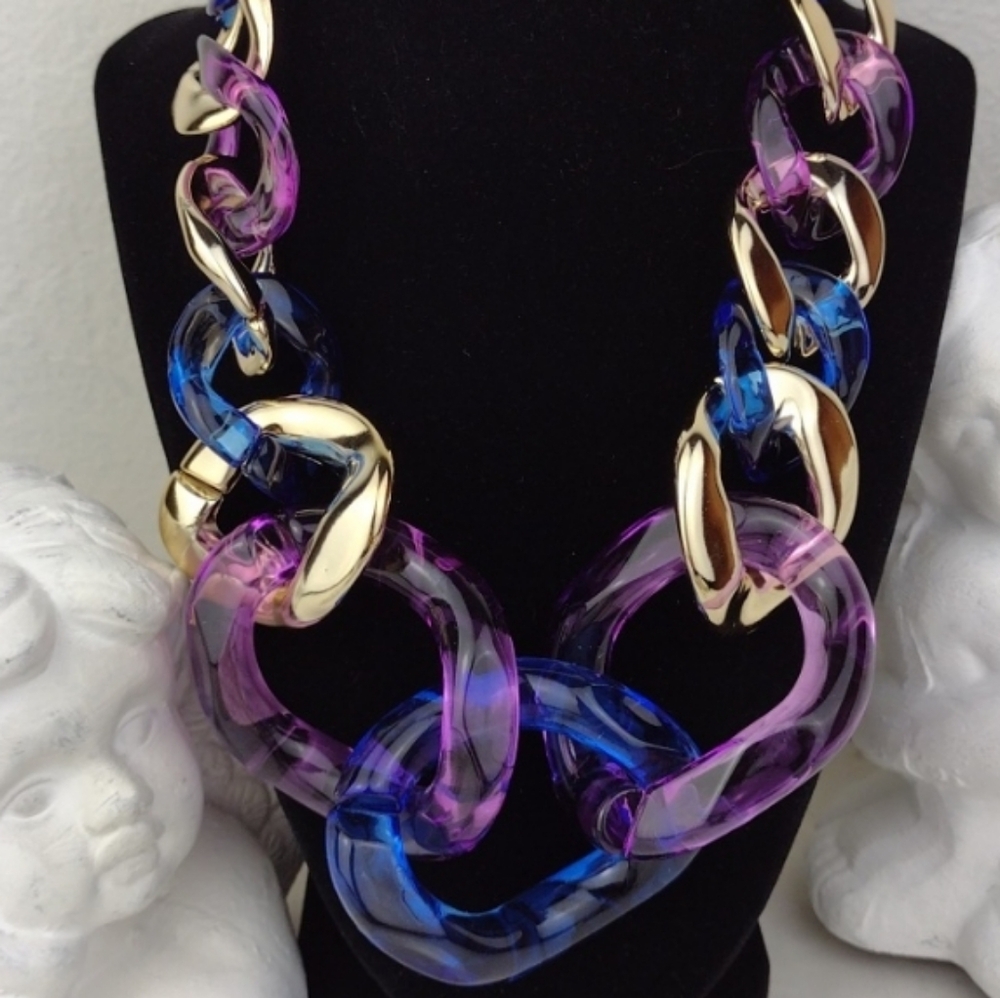 Chunky Purple Cobalt Blue Gold Resin Chain Link Necklace